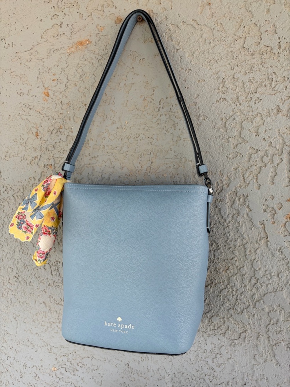 kate spade Dusty Blue Pebble Leather Shoulder Bag with Black Strap